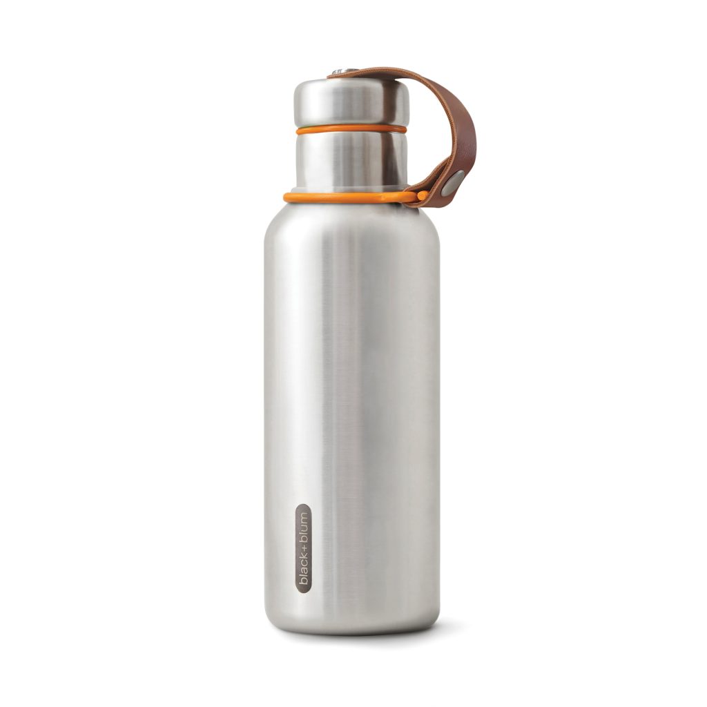 Bouteille isotherme personnalisable en acier inoxydable avec dragonne effet cuir, conservant les boissons froides 24 h et chaudes 12 h.