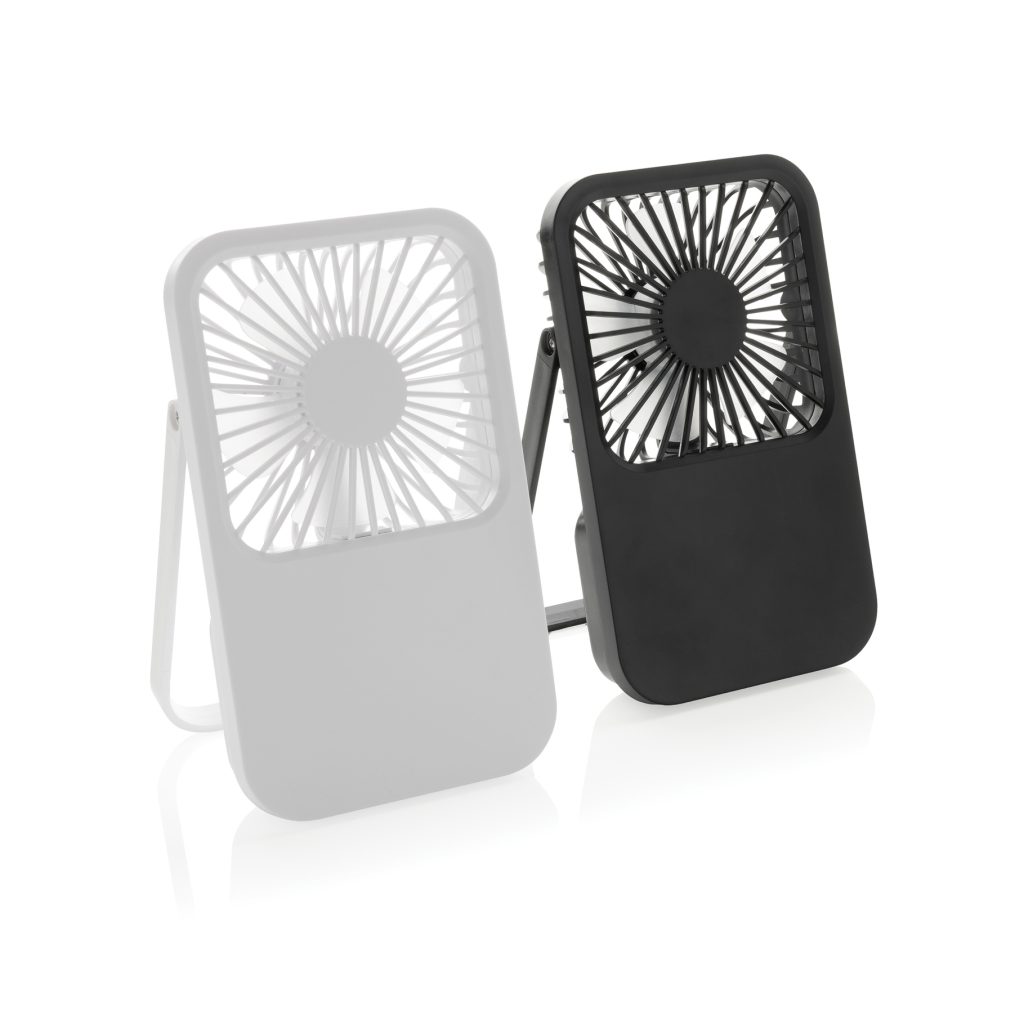 Ventilateur de bureau rechargeable Aervina personnalisable en plastique recyclé avec 3 vitesses réglables.