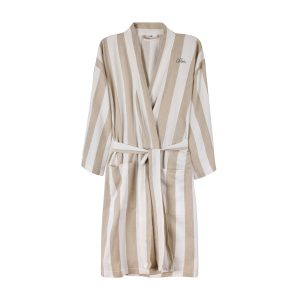 Peignoir de hammam personnalisable en coton et polyester recyclés certifiés GRS avec motif rayé bicolore.