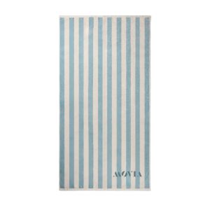 Serviette de plage personnalisable en coton recyclé GRS avec motif rayé bicolore, fabriquée au Portugal.