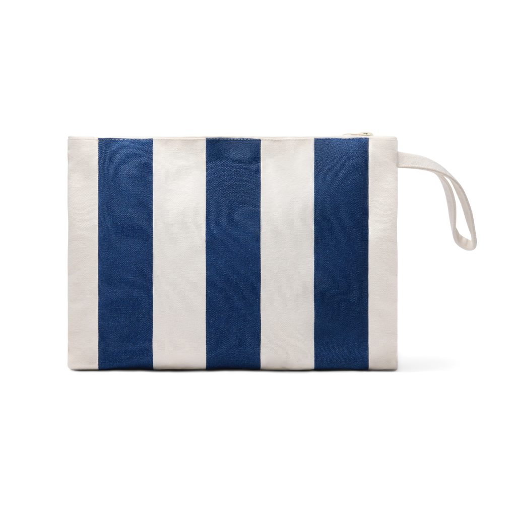 Pochette zippée personnalisable en coton et polyester recyclés certifiés GRS avec motif rayé bicolore.